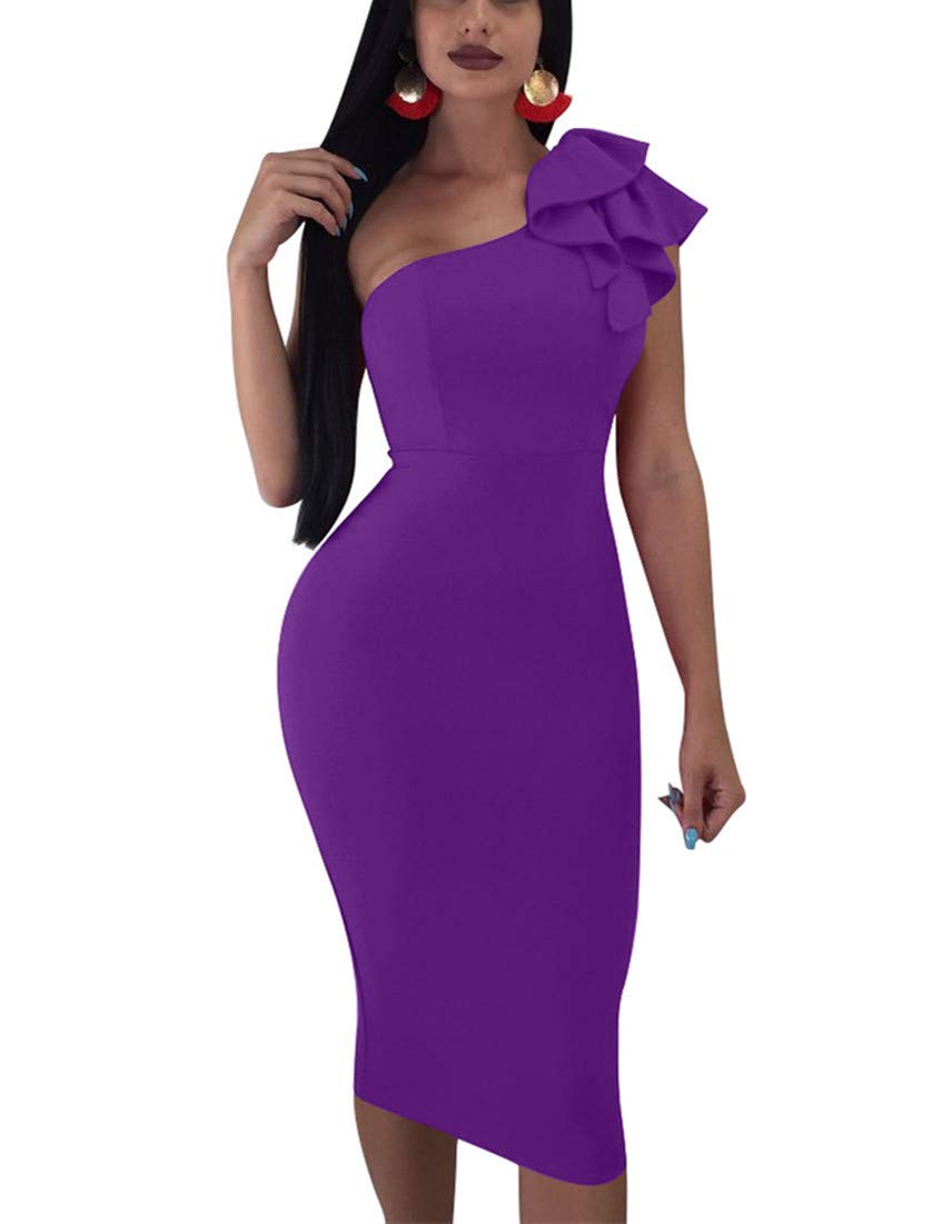 Mokoru Women's Sexy Ruffle One Shoulder Bodycon Elegant Cocktail Party Midi  Dresses
