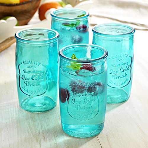 Glaver's Highball Glasses Set Of 4 – 20Oz Artistic Ice-Cold Pretty Blue Drinking Glasses – Vintage Glassware With Embossed Logo – Beverage Drinking Glasses For Water, Juice, Cocktails. #TOP1