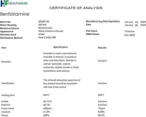 Miniatura 5 de HealthFare Benfotiamina 300 mg 200 cápsulas Vitamina B1 de tiamina soluble en grasa Apoya el metabolismo de la glucosa, la salud