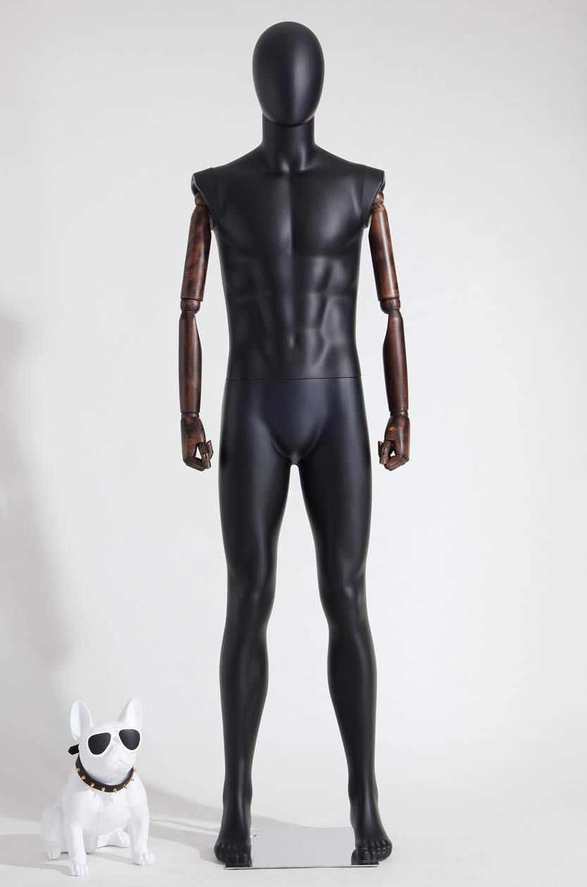 Maniquí abstracto masculino HX-M11-8MJ lacado negro en mate,brazos y dedos de madera ajustable arbitrariamente, placa de soporte de metal (HX-M11-8MJ)
