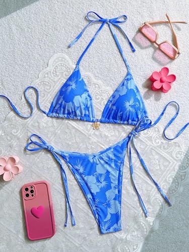 MakeMeChic Women's Floral Triangle Thong Bikini Sets Halter Gingham Swimsuit Bathing Suit Dark Blue Floral Medium