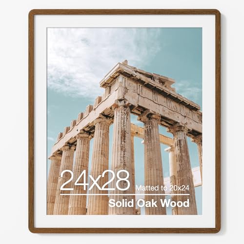 FLYJOE 24x28 Poster Frame | Solid Oak Wood 24x28 Picture Frame | 24 x 28 Picture Frame With Mat For 20x24 | Tempered Glass And Hanging Hardware Included | 24 by 28 Photo Frame Walnut 1 Pack