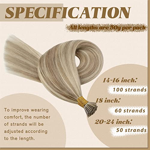 Youngsee Blonde I Tip Hair Extensions Real Human Hair 20 Inch Pre Bonded Itip Hair Extensions Blonde With Dark Ash Blonde Highlighted Hair Extensions I Tip 1G/S 50G I Tip Hair Extensions Human Hair #TOP3
