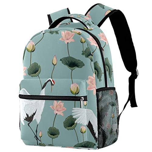Sac à dos de voyage campus imprimé japonais lotus avec porte-bouteille