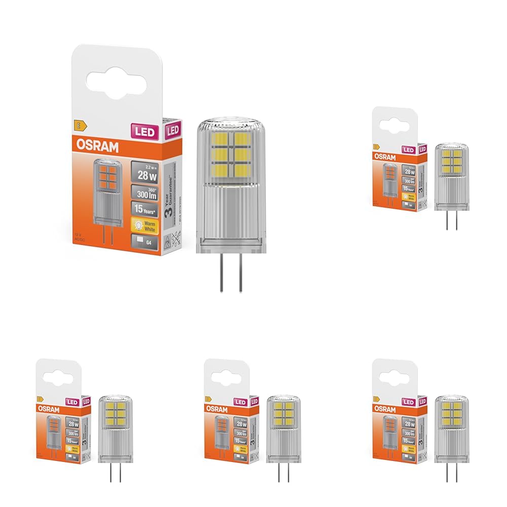 OSRAM Lámpara LED con base G4, luz blanca cálida (2700 K), lámpara de bajo voltaje de 12 V, 2,6 W, reemplazo de la lámpara tradicional de 28 W [clase energética F] [clase energética F] (Paquete de 5)