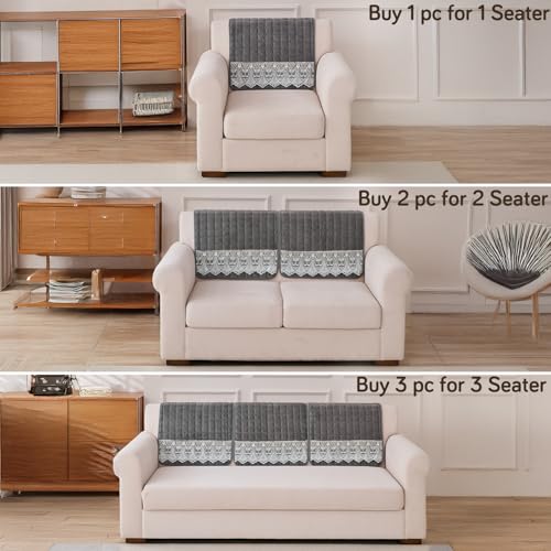 Image of HOKIPO 'BelleLace Series' Imperial Milk Velvet Sofa Backrest Mat Cover with Lace | Anti-Slip | 1 Pc - Porpoise Grey (AR-6311-DGRY)
