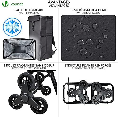 VOUNOT Foldable Shopping Trolley with Thermal Insulation Liner, 6 Wheels Stair Climbing Grocery Shopping Cart, Waterproof, 40L
