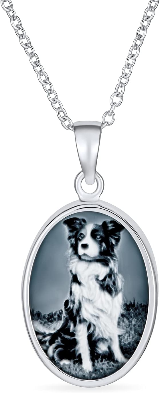 Bling Jewelry Customizable Personalize Vintage Antique Style Simulated Black Onyx Sitting White Grey Puppy Dog Portrait Cameo Pendant Necklace For Women Teen .925 Sterling Silver