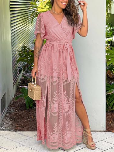 Image of LRTSES Womens Pink Wrap V Neck Floral Embroidered Lace Wedding Dress Short Sleeve Belted Bridesmaid Cocktail Party Maxi Dress