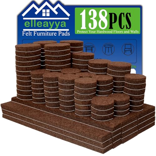 Super Sticky Felt Pads for Furniture Feet, Furniture Pads Floor Protectors (138PCS: Round 19/22/25mm & Rectangle 13/25/32mm, 5mm Thick, Brown) Minimise Chair Movement Noise and Protect Floors