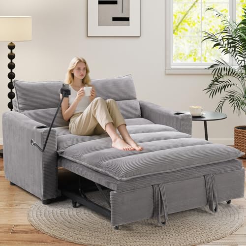 Image of HAOMARKETS 3-in-1 Convertible Loveseat Sleeper Sofa Bed, 2-Seat Pull Out Couch with Cup Holders, Phone Holder and USB Ports, Corduroy 3-Level Adjustable Backrest Couches for Living Room, Grey