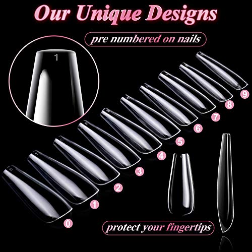 Clear Nail Tips False Nails, 500Pcs Long Full Cover Coffin Fake Nails Tip, Ballerina Artificial False Nails with Box-Nail Glue/Nail Files/Sponge Polishing/Nail Clipper/Nails Rhinestones for Nail Art