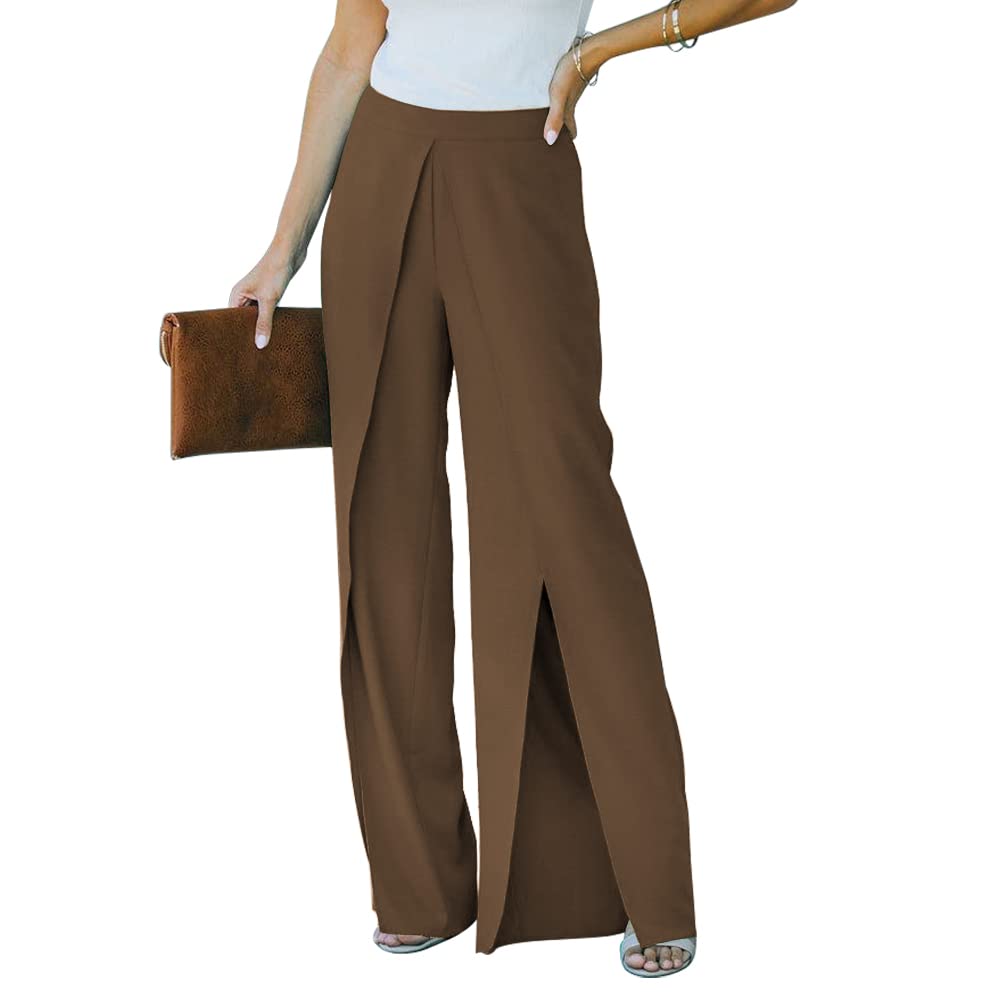 Photo 1 of Koinshha Wide Leg Pants for Women High Waisted Split Casual Summer Palazzo Flowy Loose Elastic Waist Pant Trousers Brown X-Large