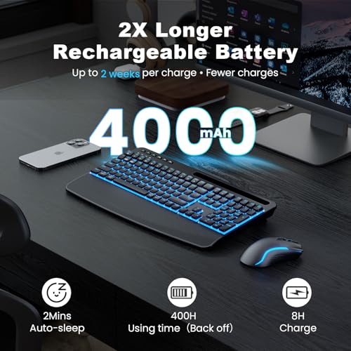 Image of SABLUTE Wireless Keyboard and Mouse Combo, Rechargeable 4000mAh Light up Quiet Keyboard with Wrist Rest & Phone Holder, Ergonomic Silent Typing for PC /Mac /Laptop /Windows /Chrome OS
