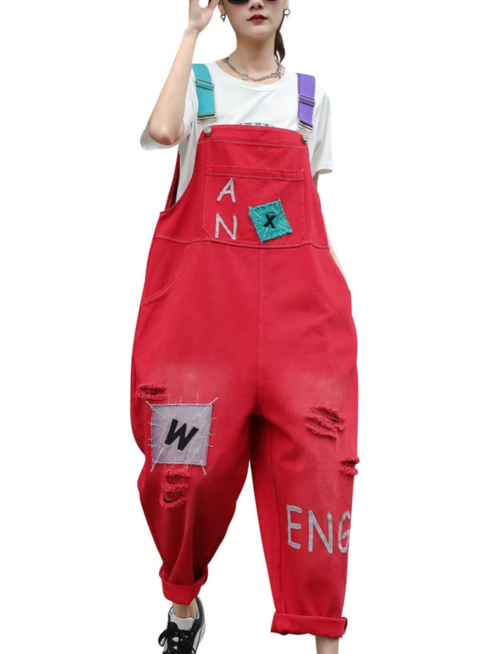 Bigassets Women's Printed Jeans Dungarees Sleeveless Playsuit Denim Overall Jumpsuit Style 5 Red