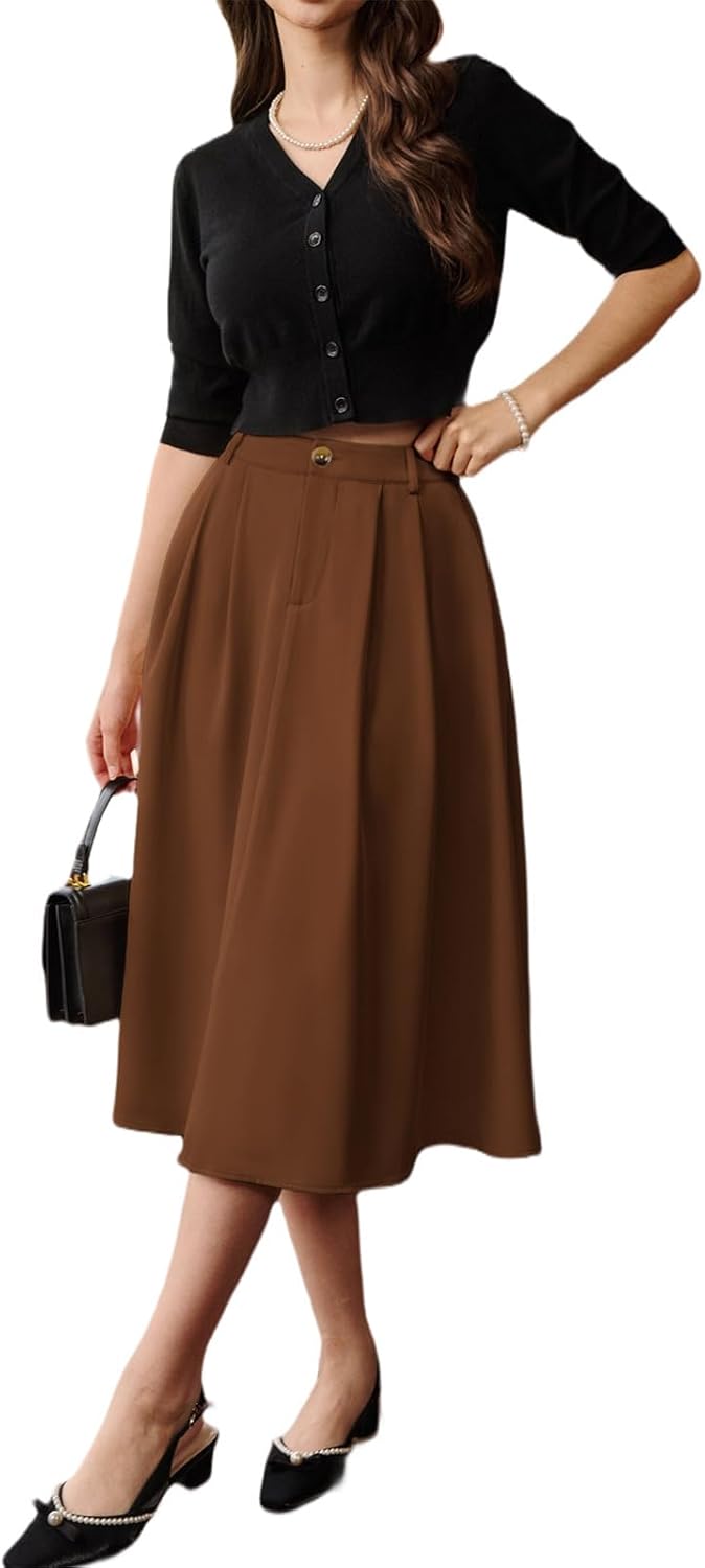 Belle Poque Women Vintage Pleated Skirt with Pockets A Line Midi High Elastic Waist Flared Skirt for Office Daily - Image 5