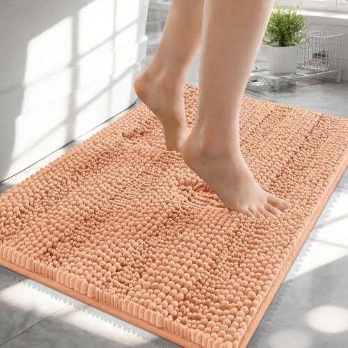 Image of OLANLY Thick Small Bathroom Rugs 24x16, Extra Soft Absorbent Chenille Striped Bath Rugs, Rubber Backing, Machine Wash, Bath Mats for Bathroom Floor, Tub and Shower, Home Decor Accessories, Peach