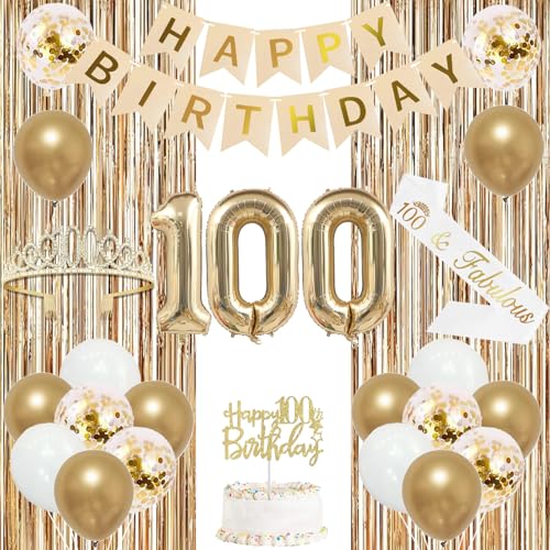 Image of Trgowaul 100th Birthday Decorations for Women, Banner, Sash and Crown, Cake Topper, 100 Number Balloon, Fringe Curtains, Champagne Gold 100th Birthday Party Supplies