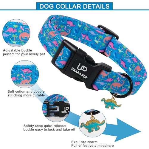 Image of Dinosaur Dog Collar, Summer Spring Cotton Dog Collar, Cute Dino Pattern Adjustable Light Blue Pet Collar, Lightweight Durable Quick Release Buckle with Charm for Male Dogs