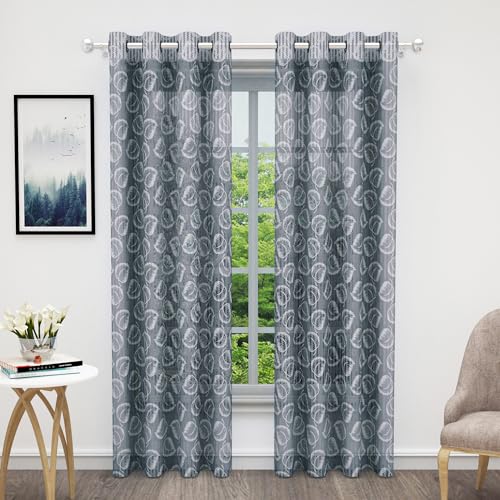 Image of Curtains 7 feet Long Set of 10 | Grey Transparent Sheer Curtain | Room Decoration Items for Bedroom | 215 x 118 cm | Leaf Design Door Curtain | | Perfect for Home Decor