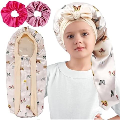Long Kids Bonnets for Girls,Double Layer Satin Bonnet for Sleeping Kids,Bonnet for Kids Braids Long Hair Cover