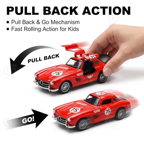 Image of SHAKTISM 1:36 Scale Die Cast Metal Classic Gullwing Sports Car Toy, Pull Back Alloy Model Car with Opening Doors, Light & Sound, Mini Collectible Vehicle for Kids and Collectors