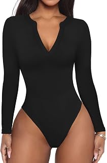 REORIA Women's Elegant Sexy Bodysuits V-Neck Long Sleeve Bodies Ribbed Fitted Thong…