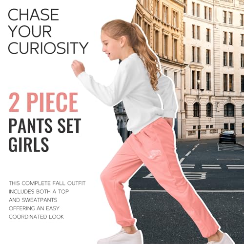 Image of DREAM BUS Girl Letter Print Clothes Drop Shoulder Sweatshirt and Pants with Pockets for Girls Tween Girl Fall Pants Set
