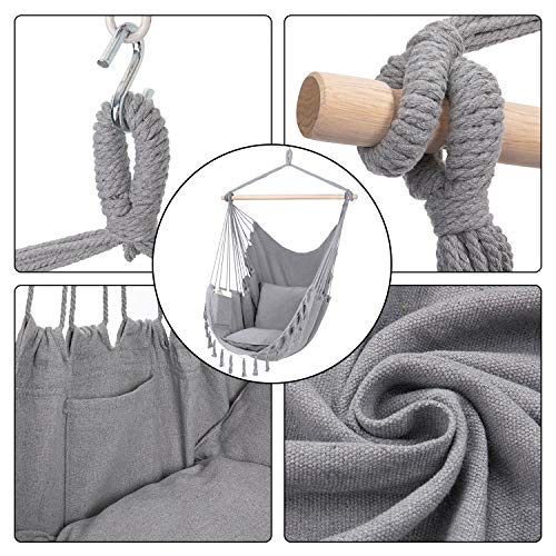 Y- STOP Hammock Chair Hanging Rope Swing-Max 330 Lbs-2 Cushions Included-Large Macrame Hanging Chair with Pocket- Quality Cotton Weave for Superior Comfort,Durability (Light Grey)