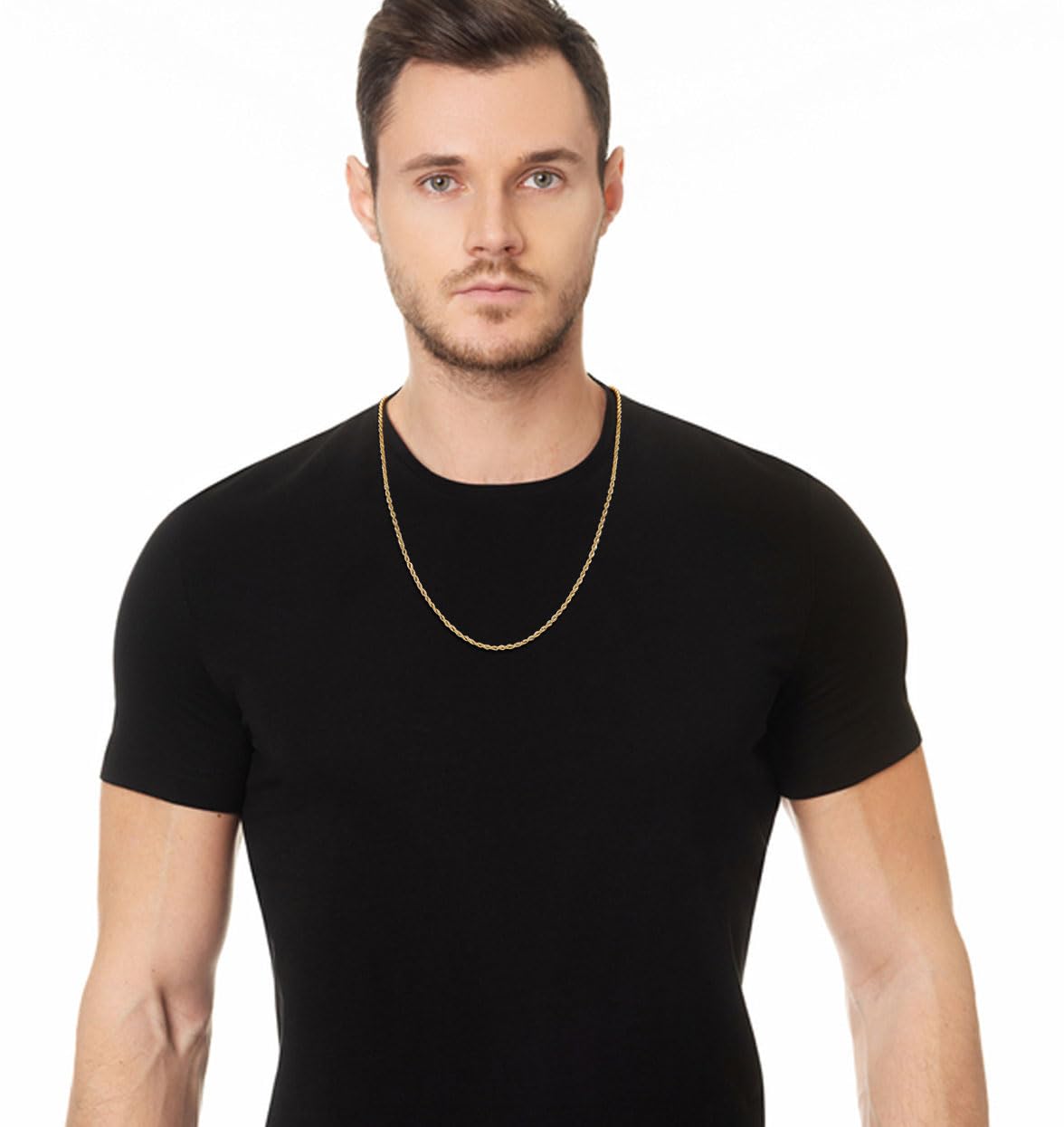 Cadena de cuerda chapada en oro de 18 quilates para hombre, collar de cadena chapada en oro de 18 quilates, collar de acero inoxidable para hombres y mujeres, 20 pulg., Acero inoxidable, Alto 8