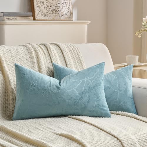 Image of FUTEI Pack of 2 Velvet Throw Pillow Covers 12x20 Inch Soft Embossed Leaf-Relief Textured Decorative Lumbar Pillowcases Modern Natural Farmhouse Accent for Couch Bed Living Room, Grey Blue