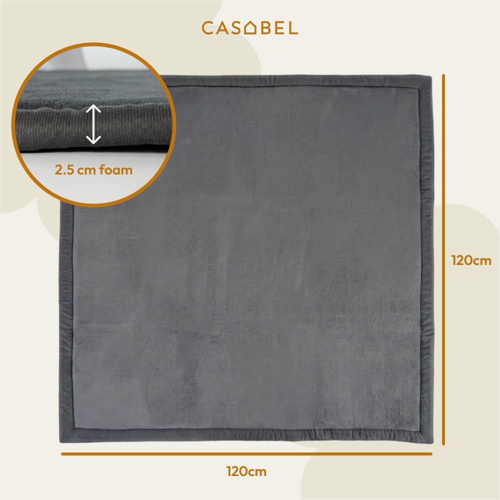 CASABEL Alfombra de Juego para Bebé de Terciopelo Gris 120×120 cm, Gruesa y Suave, Espuma cómoda, Base antideslizante, Fácil de limpiar, Elegante para habitación infantil