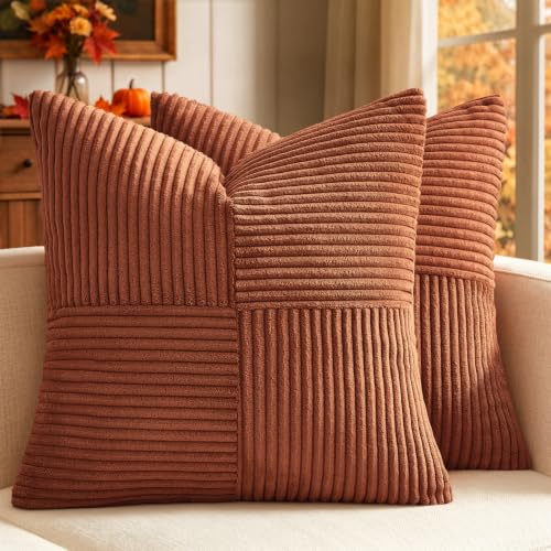 Image of MIULEE Fall Rust Boho Decorative Throw Pillow Covers 20x20 Inch for Couch Bed Sofa Pack of 2, Terracotta Farmhouse Earth Tones Home Decor, Soft Corss Corduroy Patchwork Textured Cushion Cases