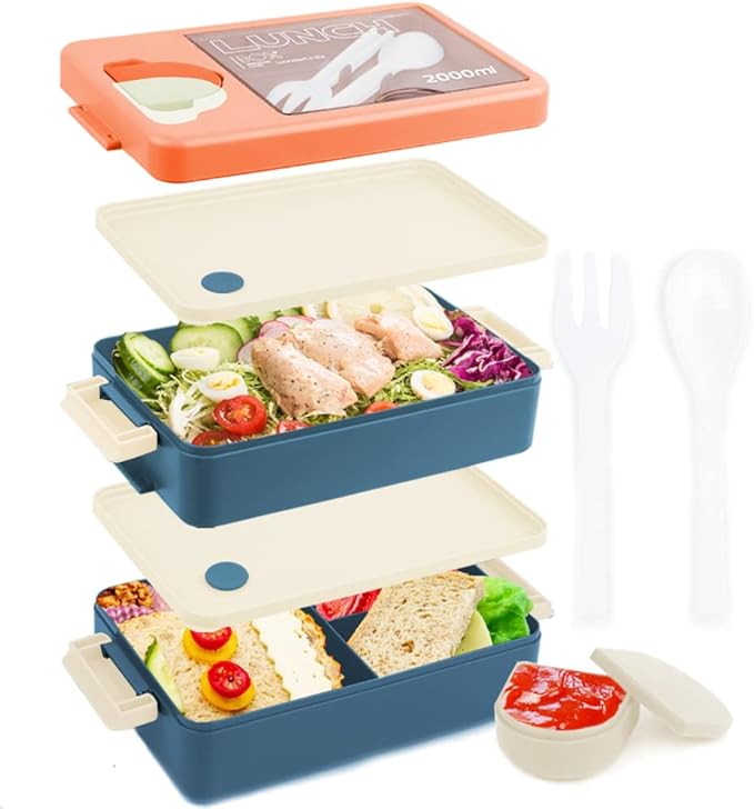 Bugucat Bento Lunch Box 2000ML, Bento Box with 2Layer 4 Compartments