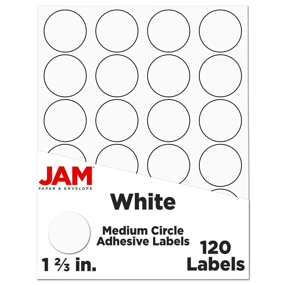 JAM PAPER Circle Label Sticker Seals - 1 2/3 Inch Diameter - White - 120 Round Labels/Pack