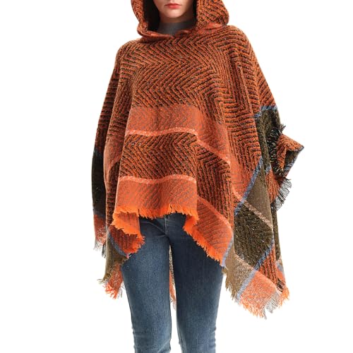 Cozy Hooded Poncho for Women - Stylish Chevron Pattern Knit Wrap with Fringe Hem - JS01