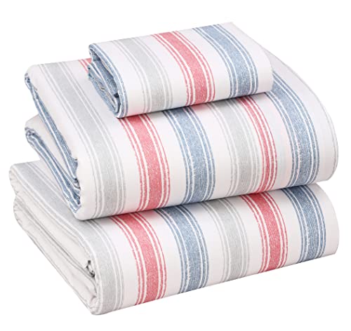 RUVANTI 100% Cotton Twin XL Sheet Sets, 3 Pieces, Soft & Breathable Percale Weave Bedding, Deep Pocket 16", Hotel Standard, Crisp Cool Feel, Durable, Perfect Size Striped Sheets, Times