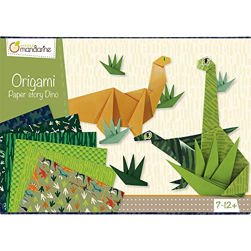 Avenue Mandarine Kc040O - Une Boite Créative Origami Initiation Dino Comprenant 40 Feuilles De Papier Origami, Une Planche De Stickers Et 10 Modèles De Pliage