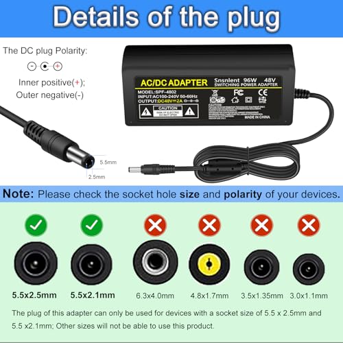 Image of 48V 2A Power Supply Adapter AC 100-240V to DC 48V 2A Power Adapter Chager Interface 5.5 x 2.5mm Plug