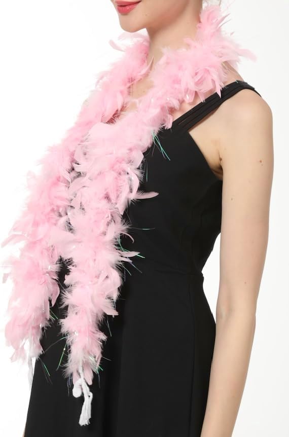Feather Boa 25 Gram, 4 Feet Long Chandelle Feather Boa, Great for Party, Halloween Costume, Christmas Tree, Decoration (Baby pink w/Tinsel) - Image 2
