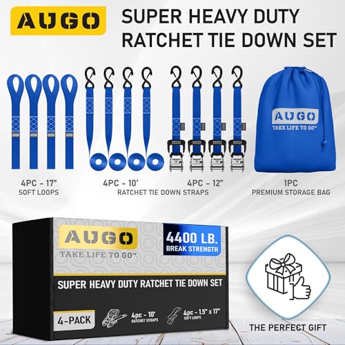 Image of AUGO Heavy Duty Ratchet Straps & Soft Loops - Pack of 4 Extra Strong 1.5 inch by 10' Ratchet Straps w /S-Hook Safety Latches & 4 Soft Loop Tie Downs - 4400Lb Break Strength for Motorcycles, ATVs, Etc.