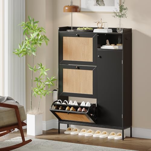 Shoe Cabinet with 3 Flip Drawers, Rattan Freestanding Organizer with Adjustable Shelves, Metal Knob, Narrow Shoe Rack Cabinet, Shoe Organizer Cabinet