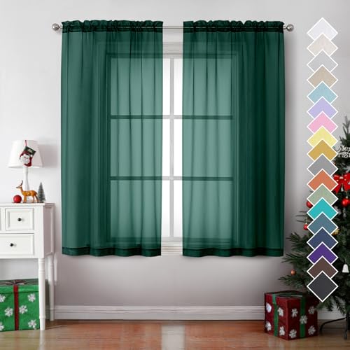 Image of OVZME Hunter Green Sheer Curtains 63 Inches Long 2 Panels - Soft Light Filtering Window Sheer Panels for Living Room /Bedroom, Top Dual Rod Pocket, 1 Pair, Each 42Wx63L Inches