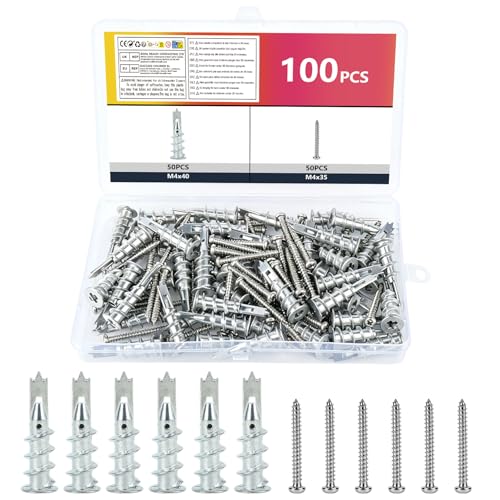 100 Pcs Heavy Duty Plasterboard Fixings Heavy Duty Plasterboard Wall Plugs and Screws Set Stainless Steel Self Drilling Anchor Screws M4*40mm Plaster Board Wall Fixings Drywall Fixingss