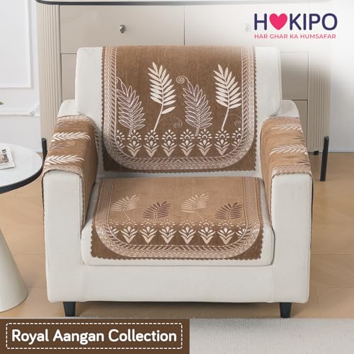 Image of HOKIPO Bagh Brown Premium Chenille Jacquard Sofa Cover for 1 Seater for Seat & Back, 'Royal Aangan Series' (IN-1006-L6*2)