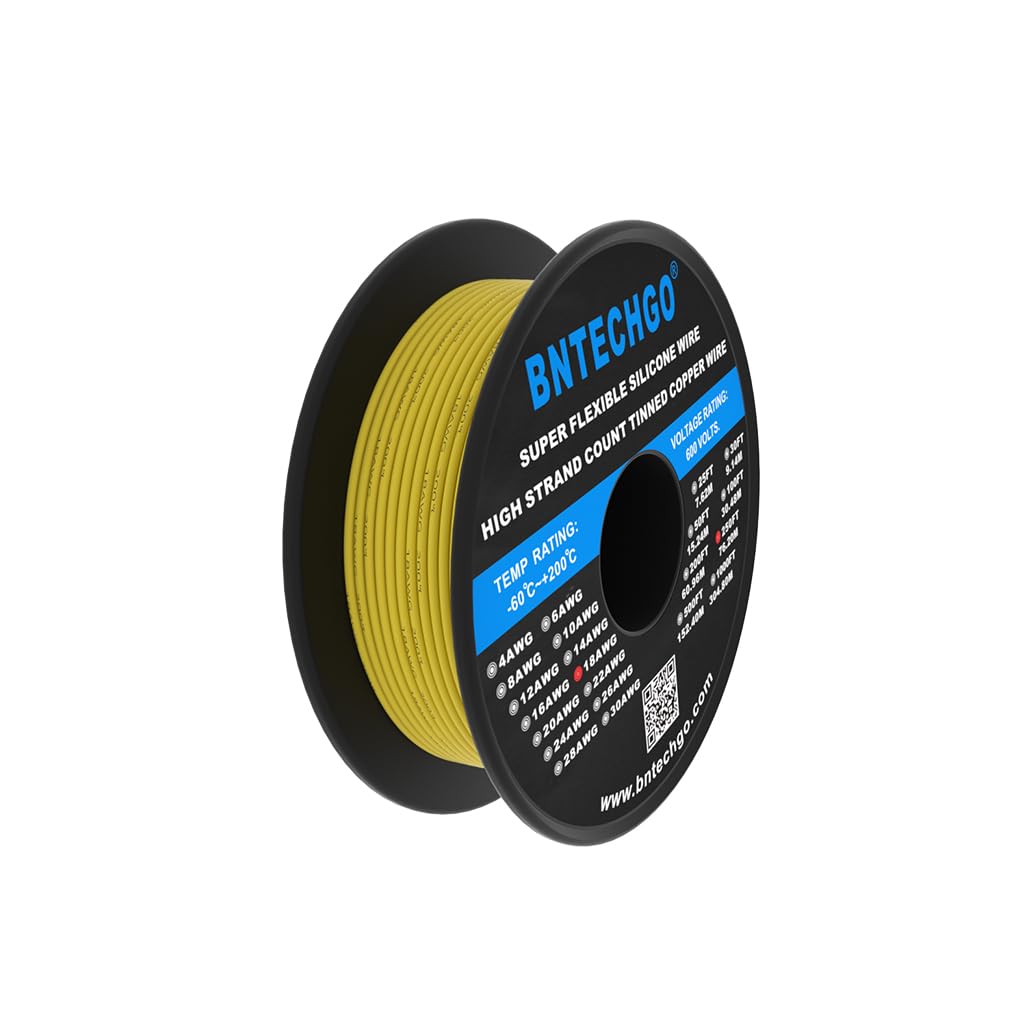 BNTECHGO Bobine de fil de cuivre étamé flexible en silicone de calibre 18 - Jaune - 76,2 m