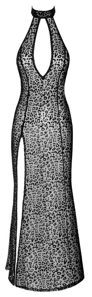 Noir Handmade F288 Robe Longue floquée au Look léopard avec Fente