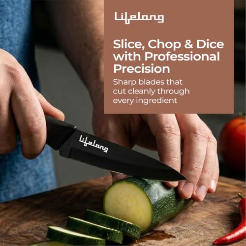 Image of Lifelong High-Carbon Stainless Steel Knife Set of 3 with Protective Cover | Non-Slip PP Handle, Black Color Coated, Sharp Edge for Professional Cutting, Chopping, Dicing & Slicing at Home & Restaurant