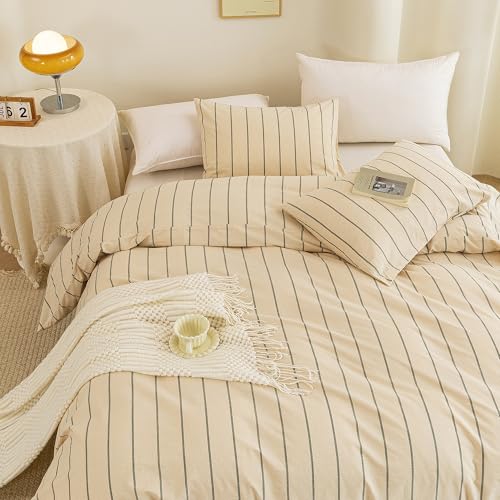 Image of ECOCOTT Striped Duvet Cover Queen Size, 100% Washed Cotton Linen Feel Comforter Cover, 3PCS Vertical Stripe Bedding Set with Zipper Closure & Corner Ties