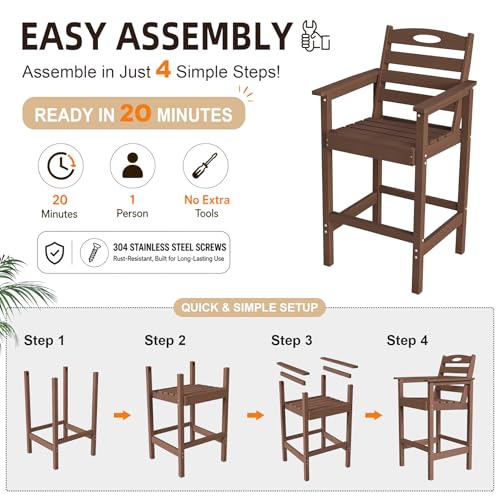 Image of Domi Barstools, Tall Adirondack Chairs Set of 2, Bar Height Outdoor Chairs | HDPE, Oversize, All-Weather, Brown